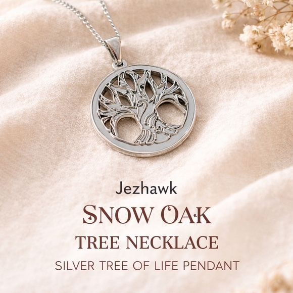 Jezhawk Jewelry - Jezhawk Snow Oak Tree Necklace – Silver Tree of Life Pendant